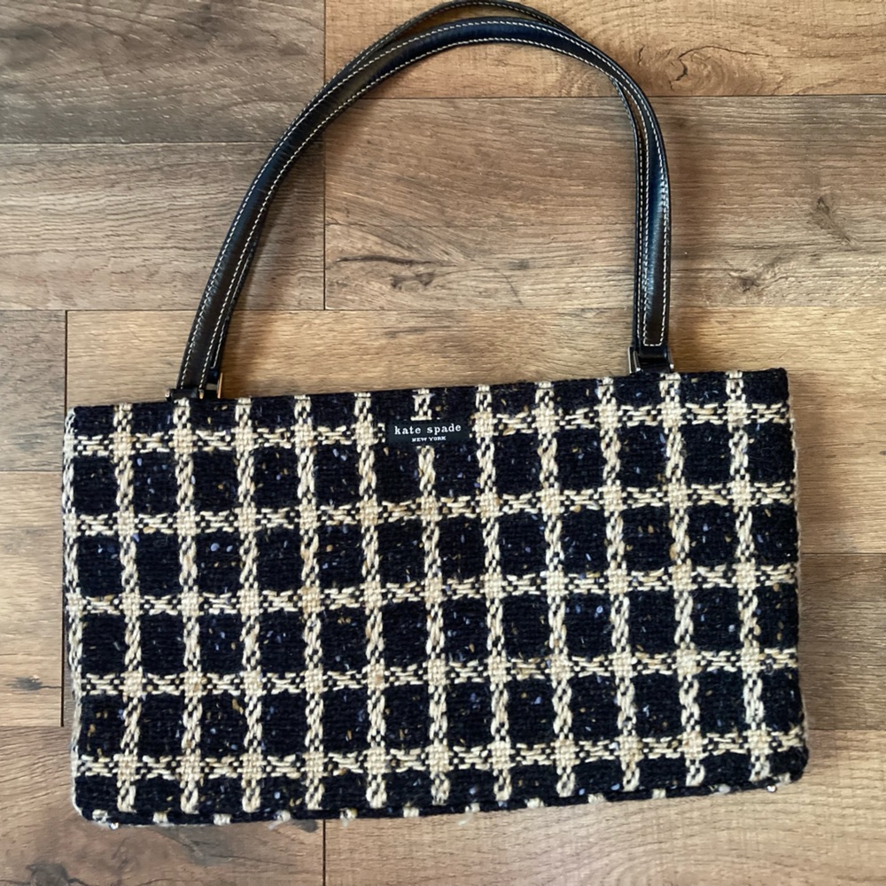 Kate Spade white & beige checkered print handbag with wool texture double strap